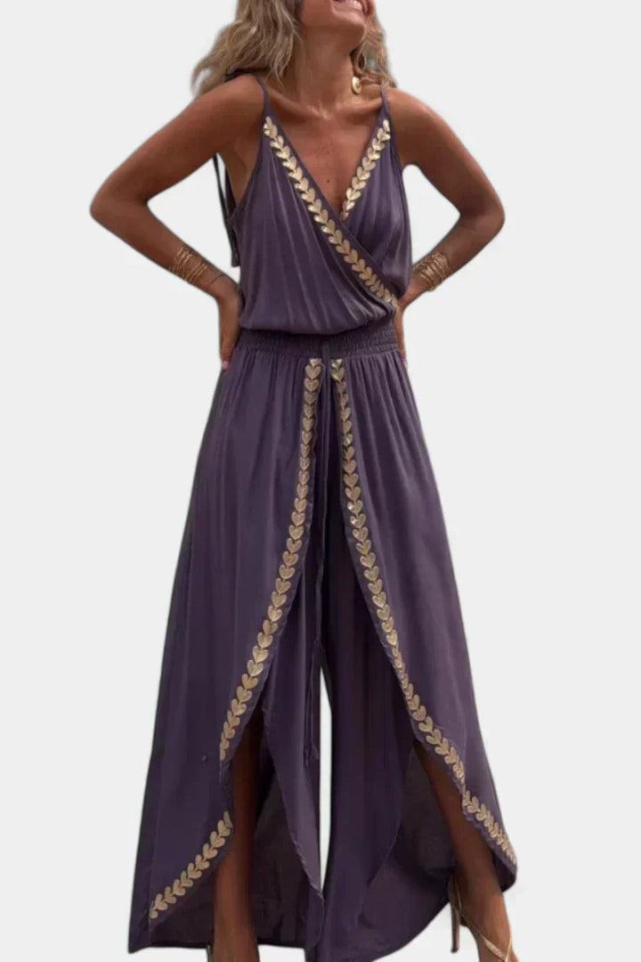 Donatila Backless Jumpsuit Featuring Elegant Gold Accents
