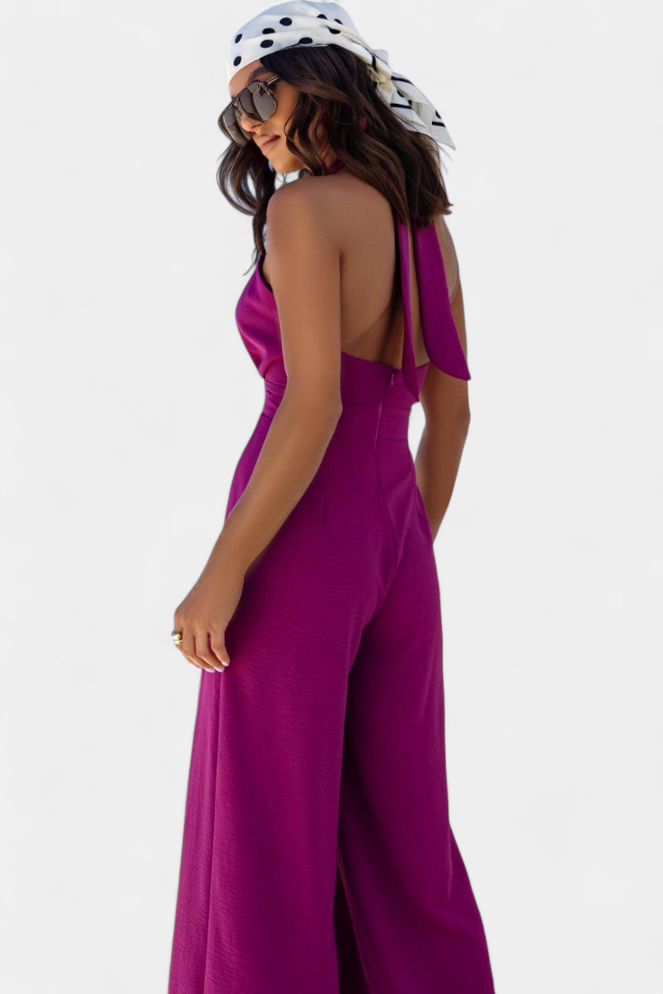 Jessica Wide-Leg Backless Halter Jumpsuit