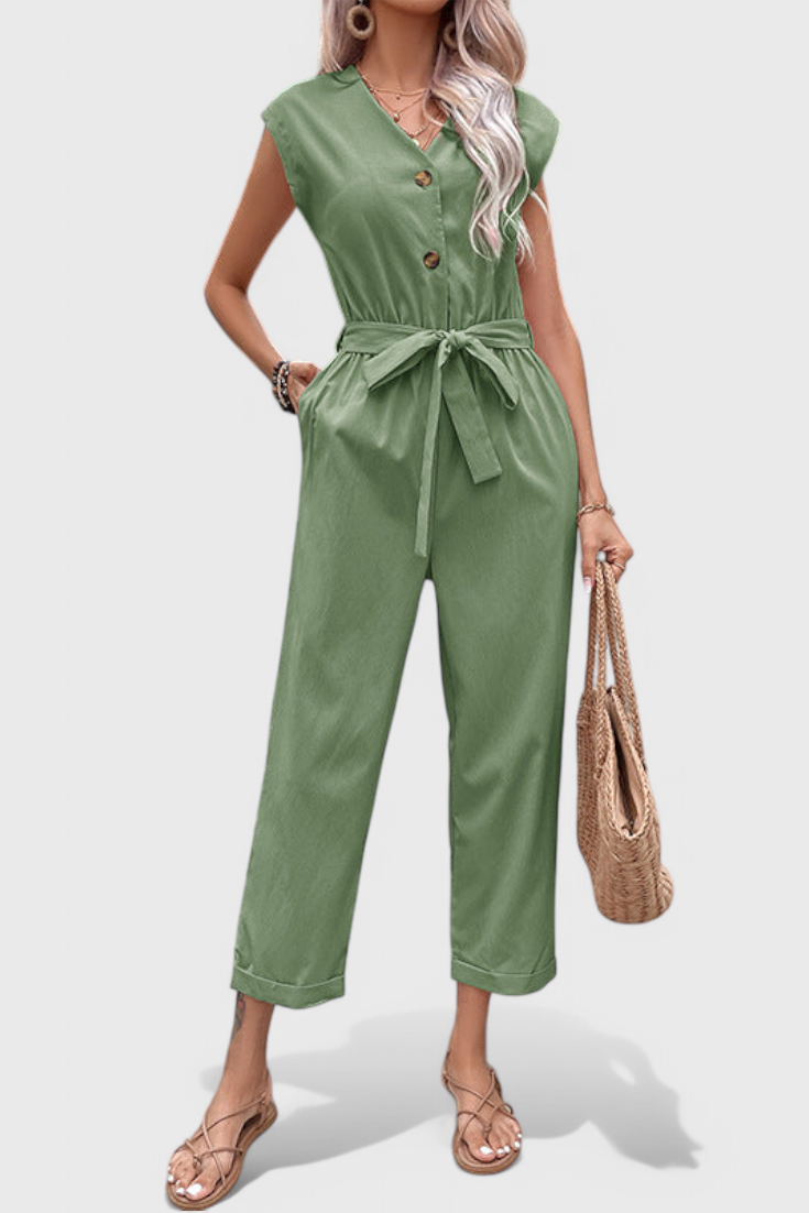 Marie Sleeveless Cotton Jumpsuit with Tied Waist and Button Front