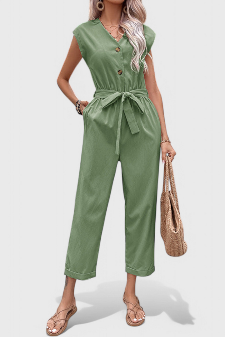 Marie Sleeveless Cotton Jumpsuit with Tied Waist and Button Front