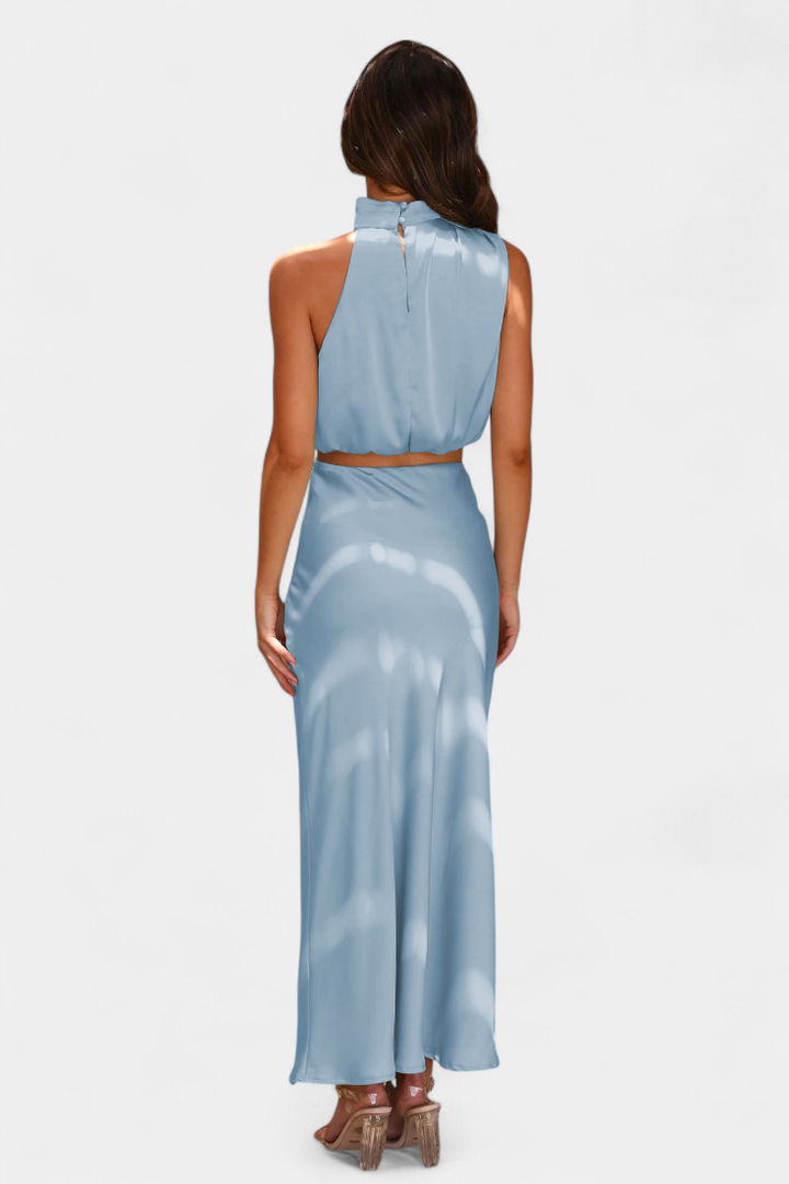 Hanna Two-Piece Draped Halter Neck Set with Open Back Design