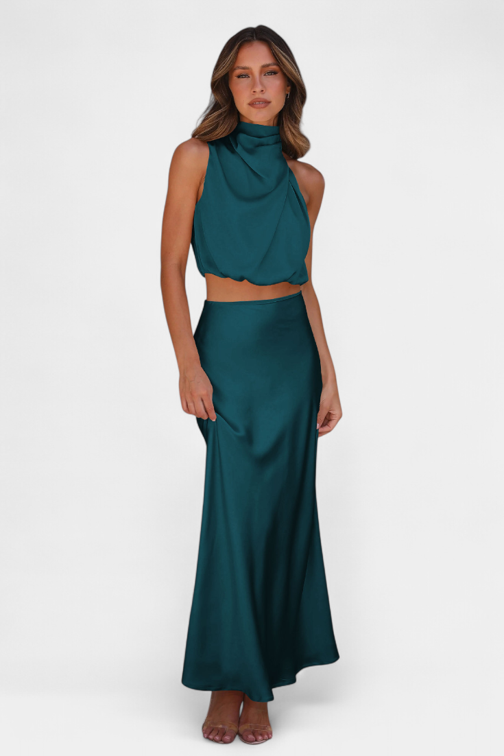 Hanna Two-Piece Draped Halter Neck Set with Open Back Design