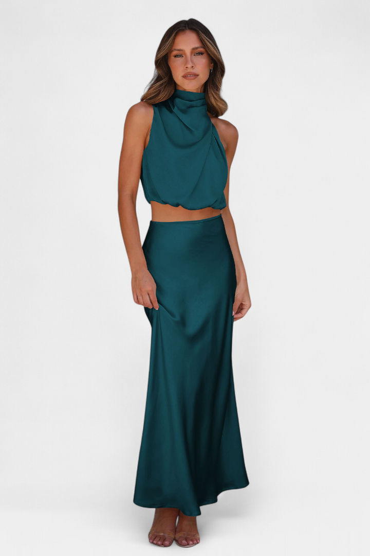 Hanna Two-Piece Draped Halter Neck Set with Open Back Design