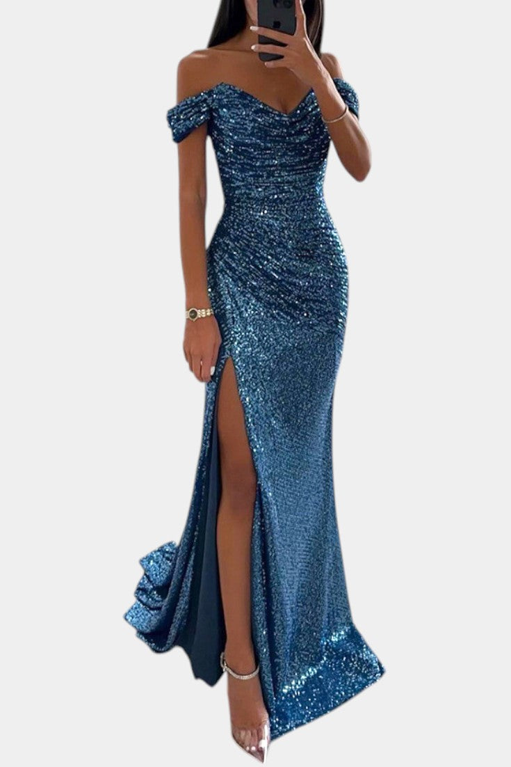 Off-Shoulder Sequin Mermaid Dress by Ariel with High Slit