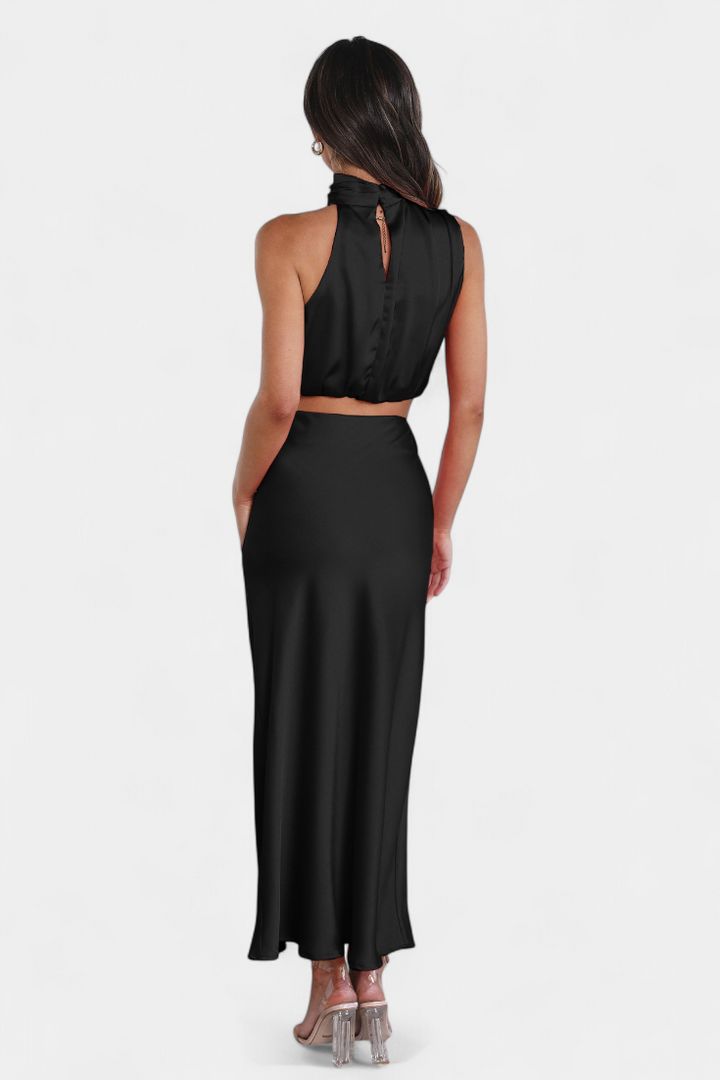 Hanna Two-Piece Draped Halter Neck Set with Open Back Design