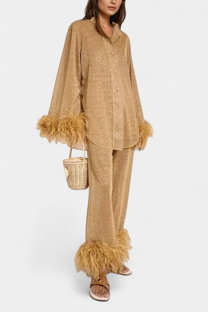 Polina Long Sleeve Blouse & Casual Pants Set with Feather Necklace