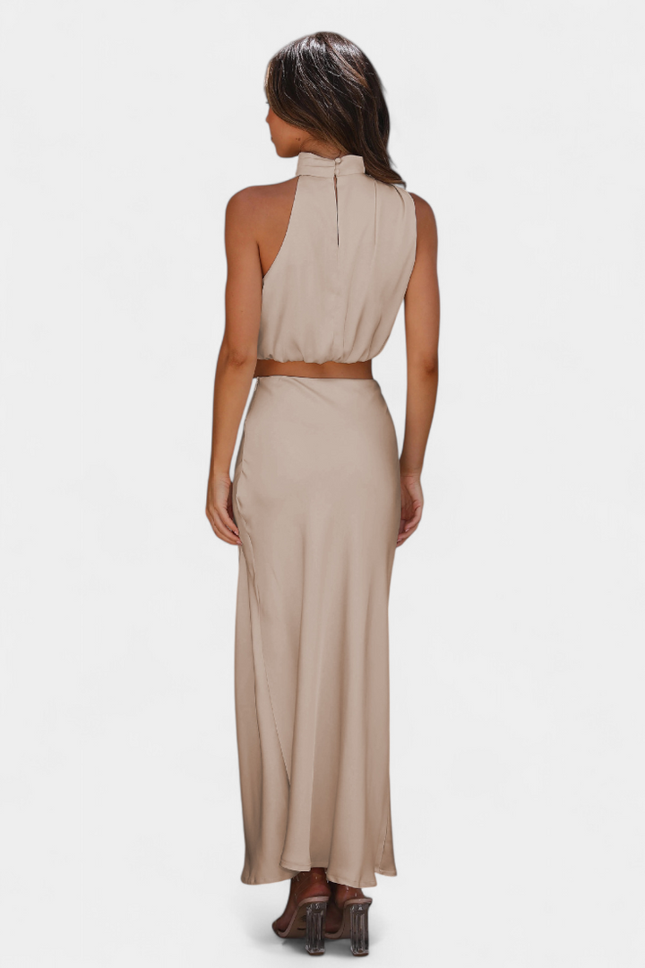 Hanna Two-Piece Draped Halter Neck Set with Open Back Design