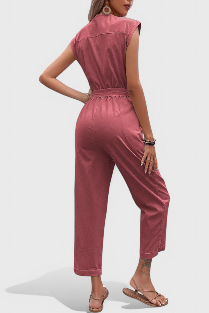 Marie Sleeveless Cotton Jumpsuit with Tied Waist and Button Front