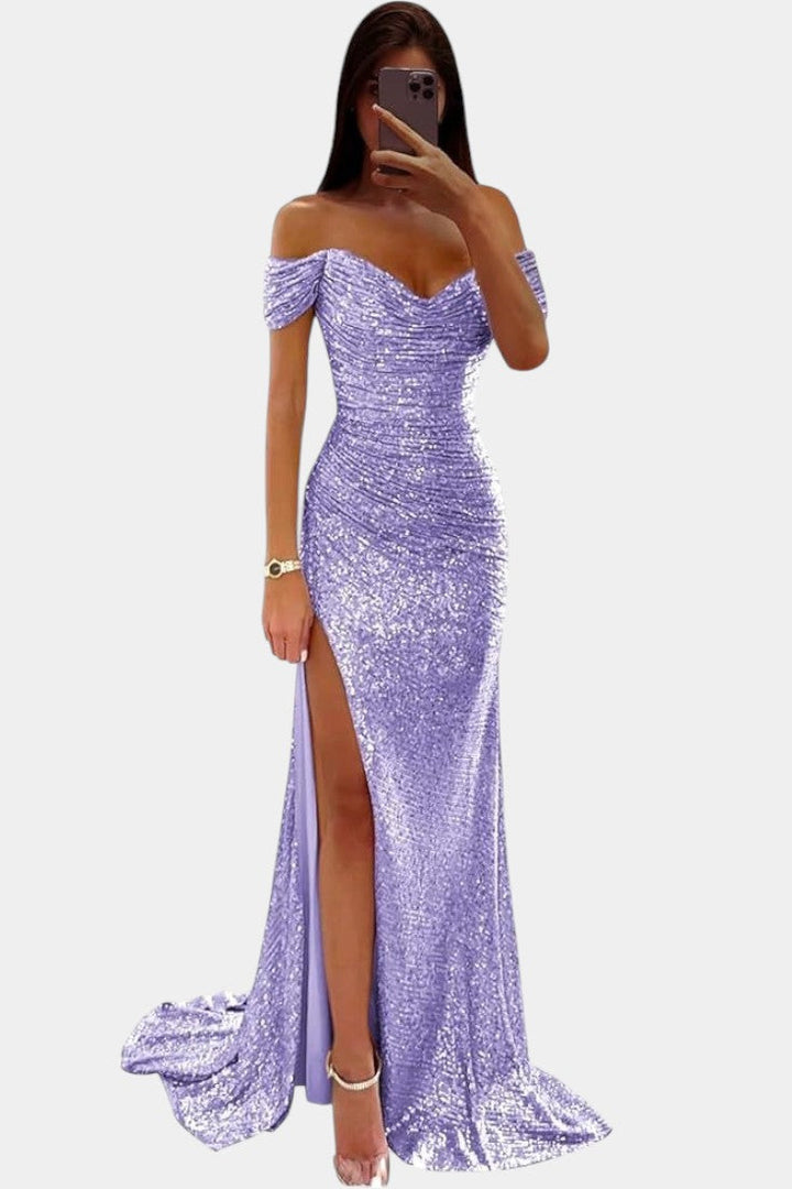 Off-Shoulder Mermaid Dress by Ariel with Ruched Corset and High Slit