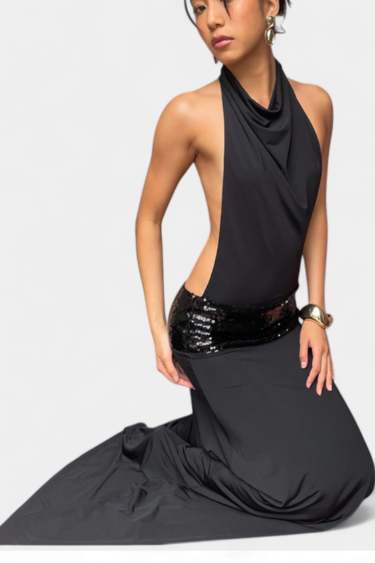 Georgia Halter Dress with Open Back and Sequin Accents