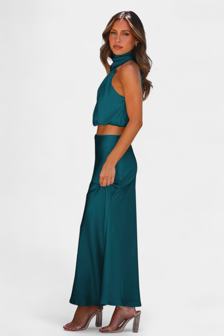 Hanna Two-Piece Draped Halter Neck Set with Open Back Design