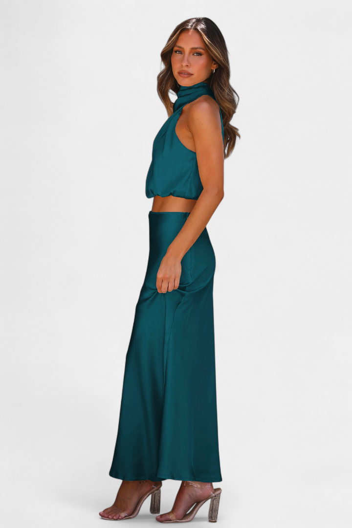 Hanna Two-Piece Draped Halter Neck Set with Open Back Design
