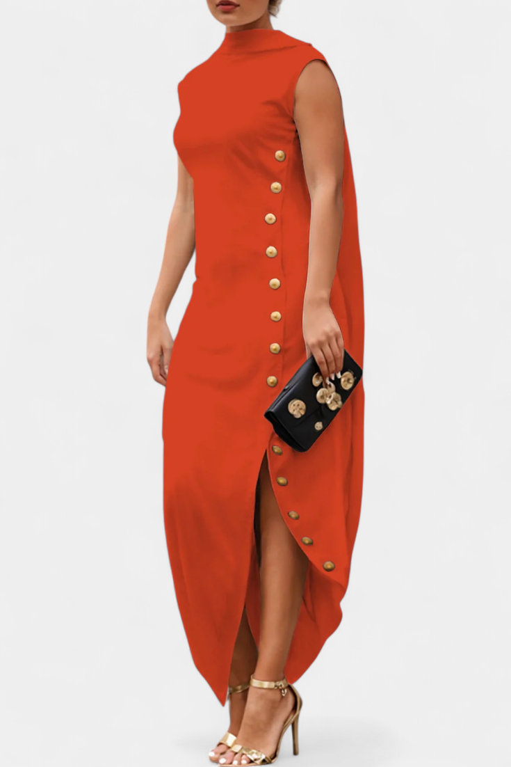 Asymmetrical Sleeveless Dress by Aphrodite Featuring Elegant Golden Buttons