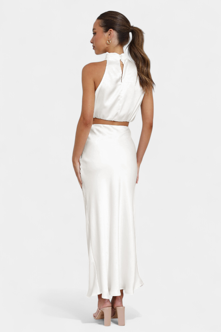 Hanna Two-Piece Draped Halter Neck Set with Open Back Design