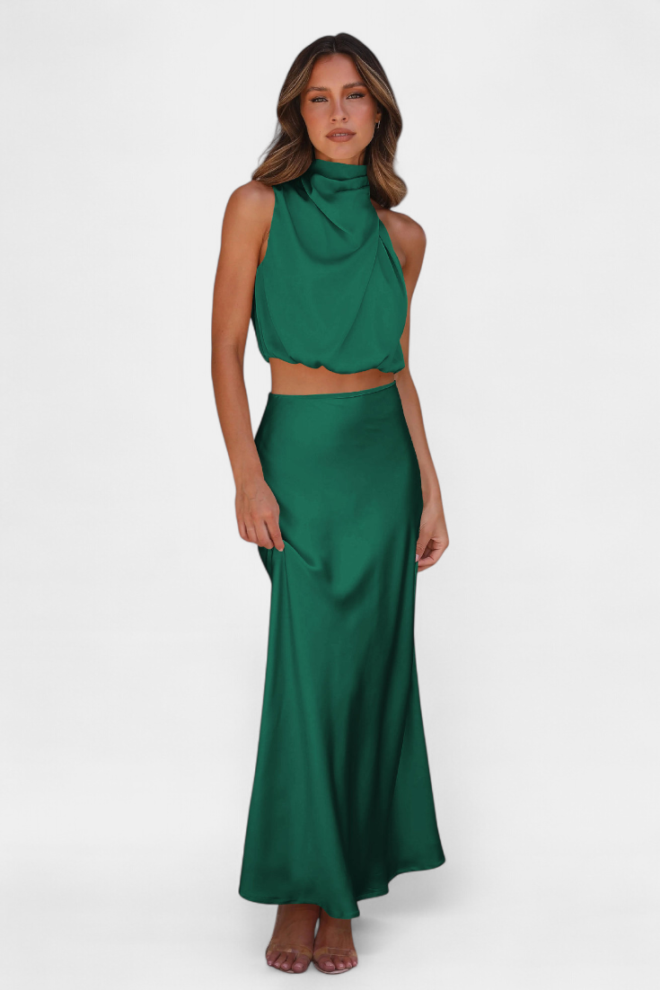 Hanna Two-Piece Draped Halter Neck Set with Open Back Design