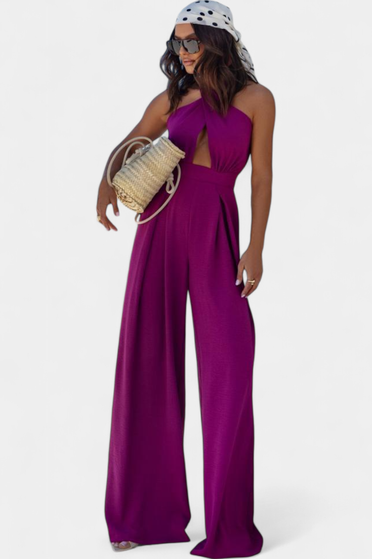 Jessica Wide-Leg Backless Halter Jumpsuit