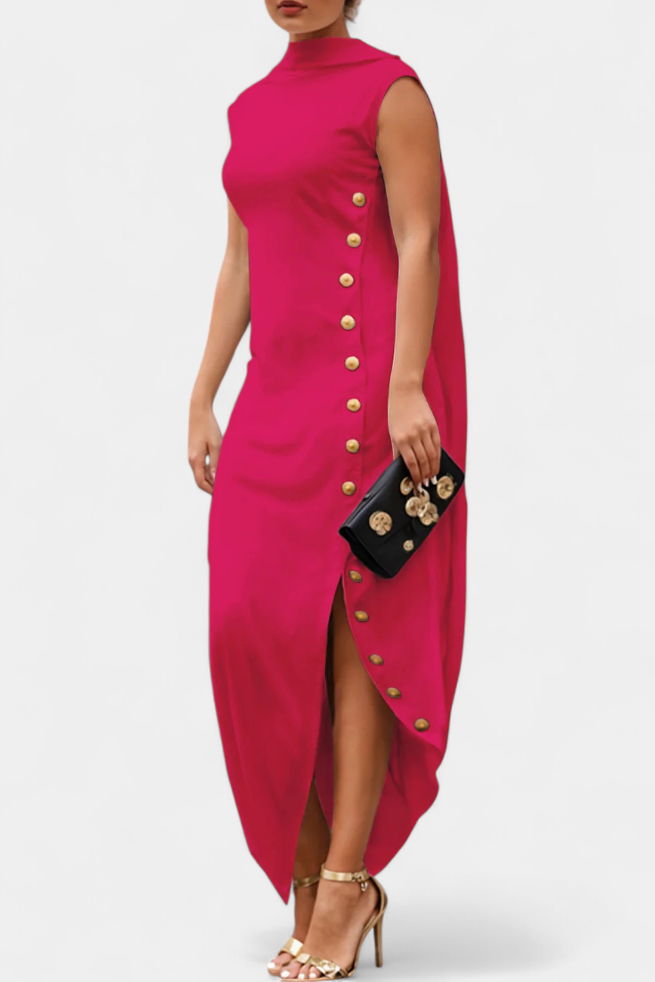 Asymmetrical Sleeveless Dress by Aphrodite Featuring Elegant Golden Buttons