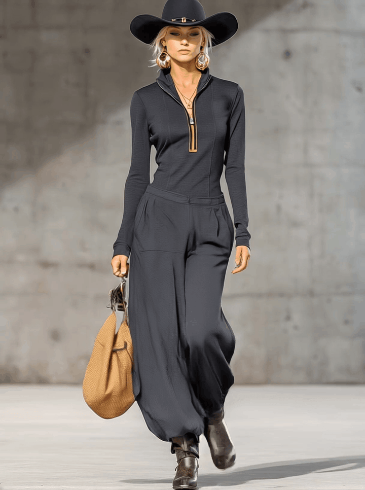 Azélina Dark Gray Set Featuring High Collar and Wide-Leg Trousers