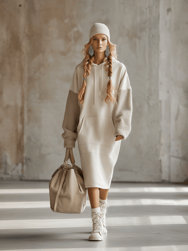 Ivayla Beige Hooded Midi Sweatshirt Dress in Fleece