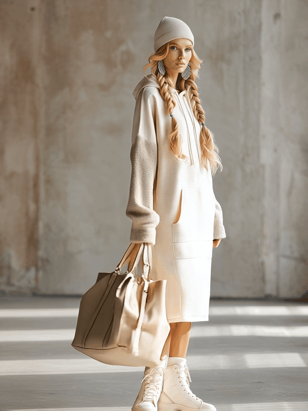 Ivayla Beige Hooded Midi Sweatshirt Dress in Fleece