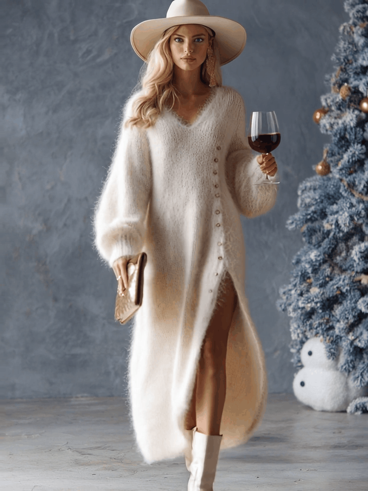 Méthilde Faux Fur Midi Dress with Knitted Design and Metal Buttons