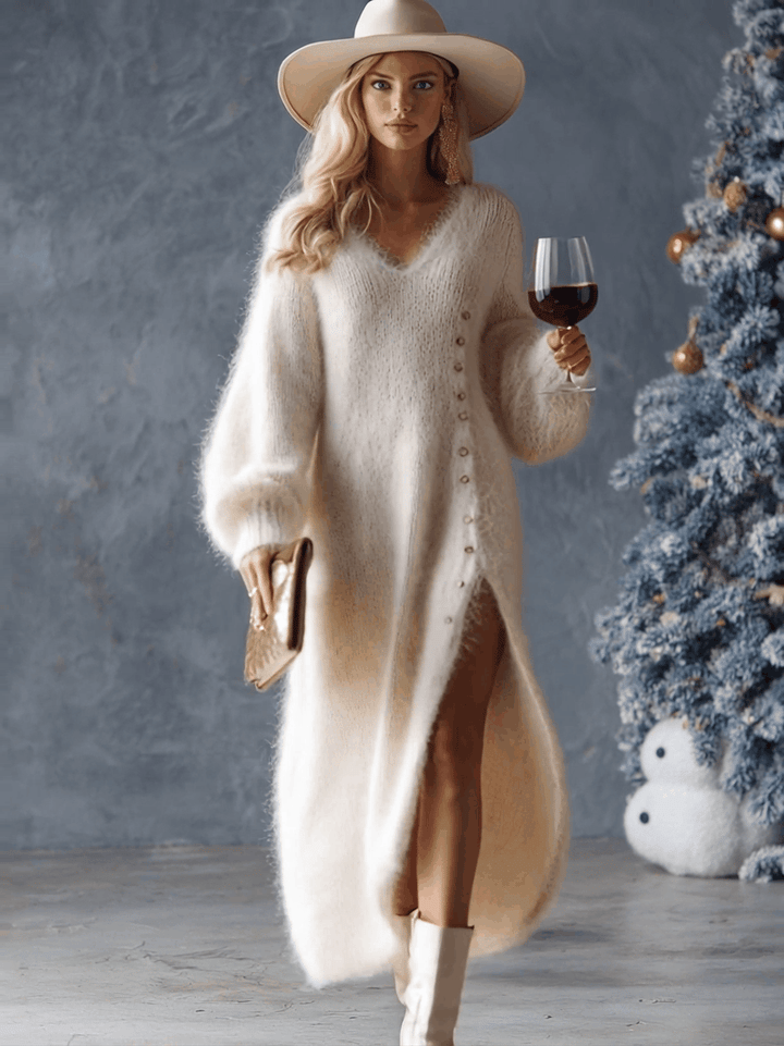 Méthilde Faux Fur Midi Dress with Knitted Design and Metal Buttons