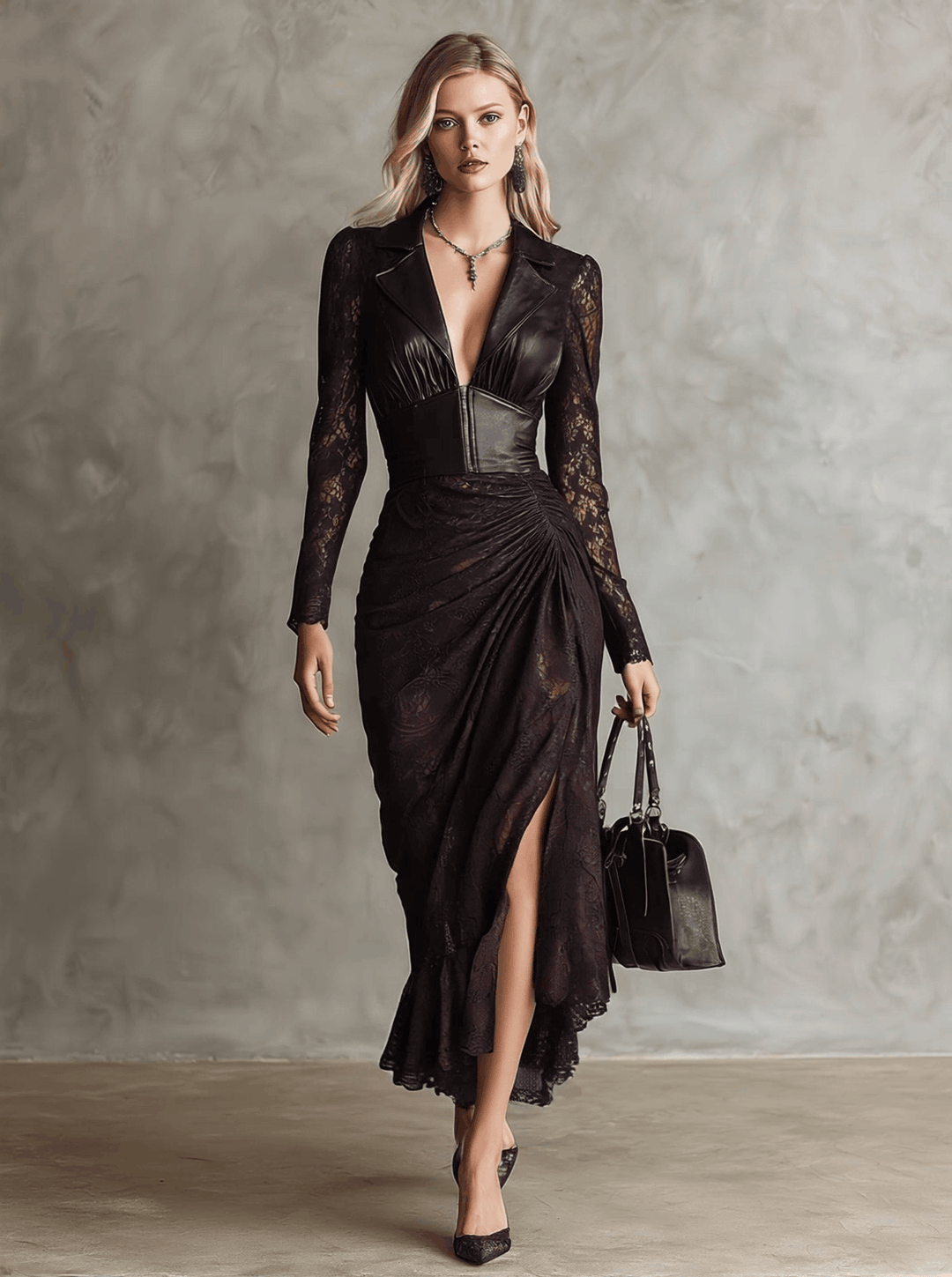 Alunna Vintage Maxi Dress with Faux Leather and Lace Accents