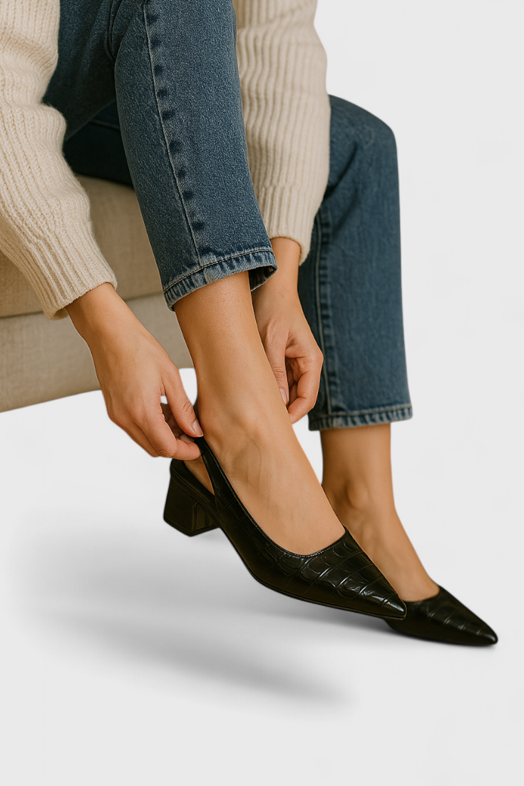 Ava Crocodile Effect Pointed Toe Heels with Square Heel