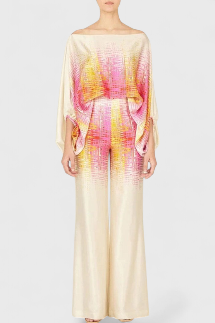 Artistic Print Off-the-Shoulder Top and Wide-Leg Pants Set by Sybella