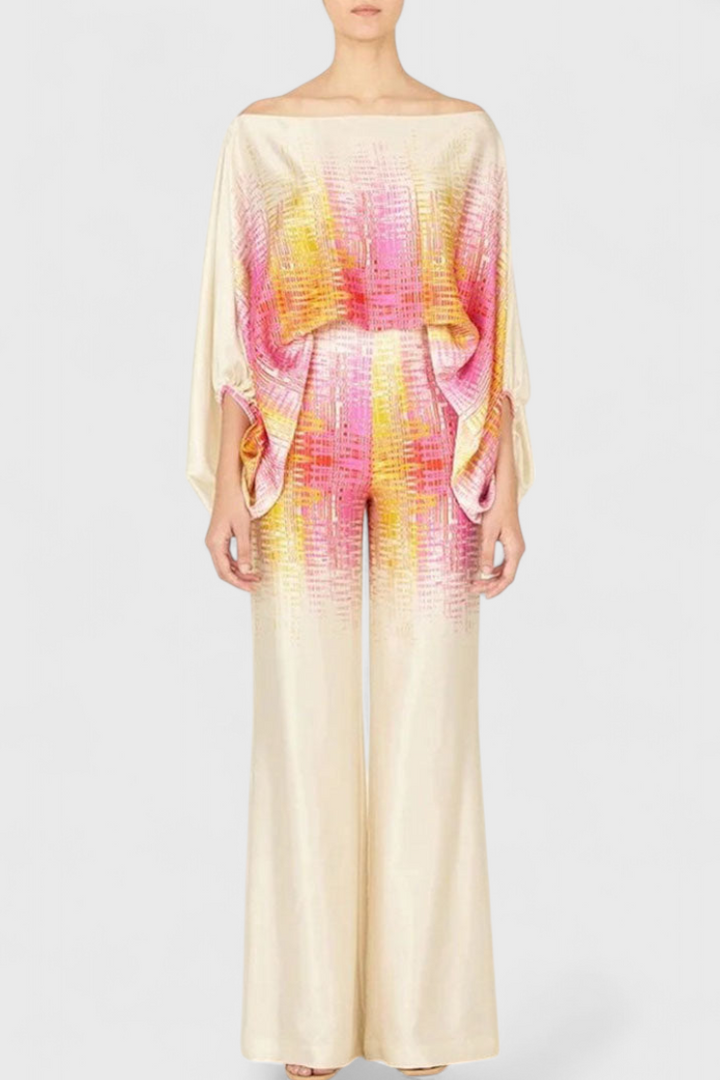 Artistic Print Off-the-Shoulder Top and Wide-Leg Pants Set by Sybella