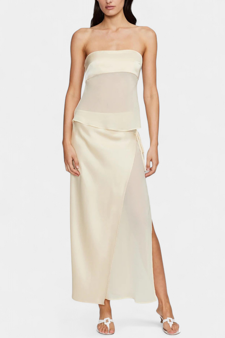 Fjorela Satin Bustier Set with Structured Design and Asymmetrical Midi Skirt