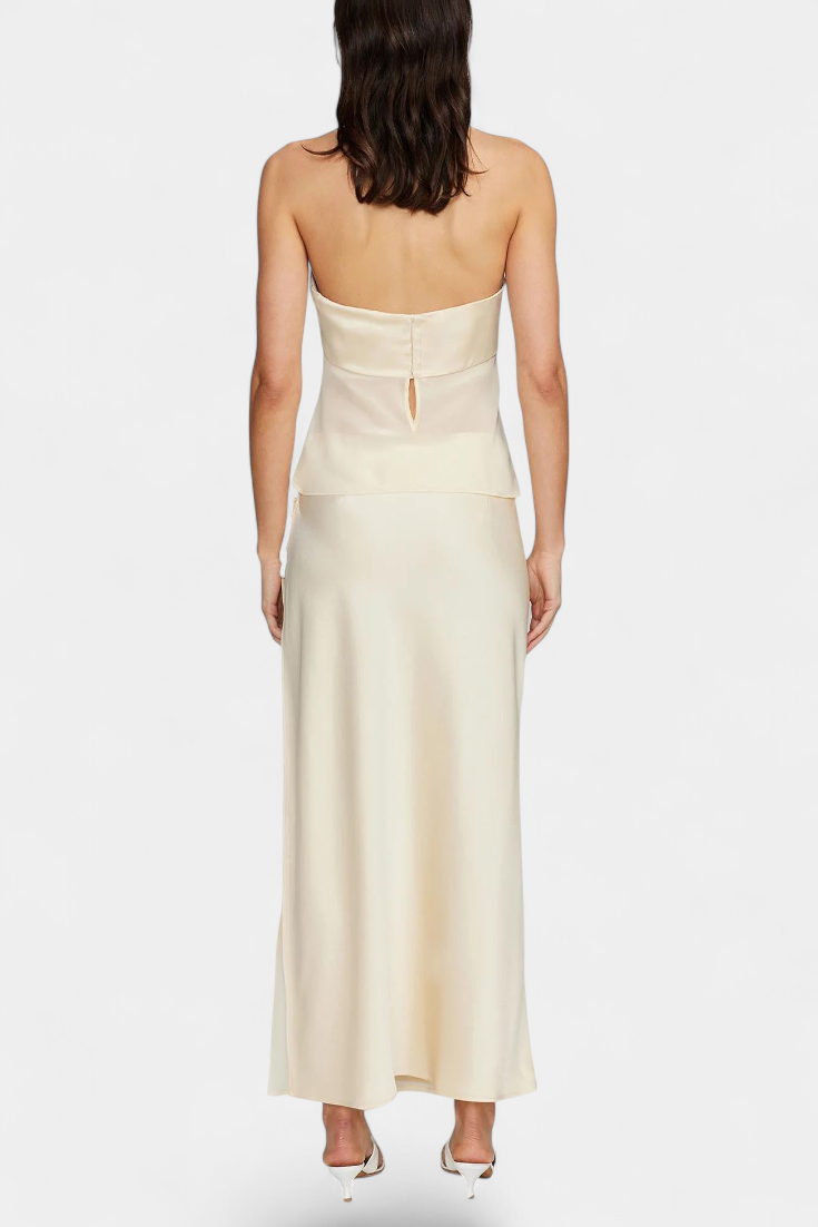 Fjorela Satin Bustier Set with Structured Design and Asymmetrical Midi Skirt