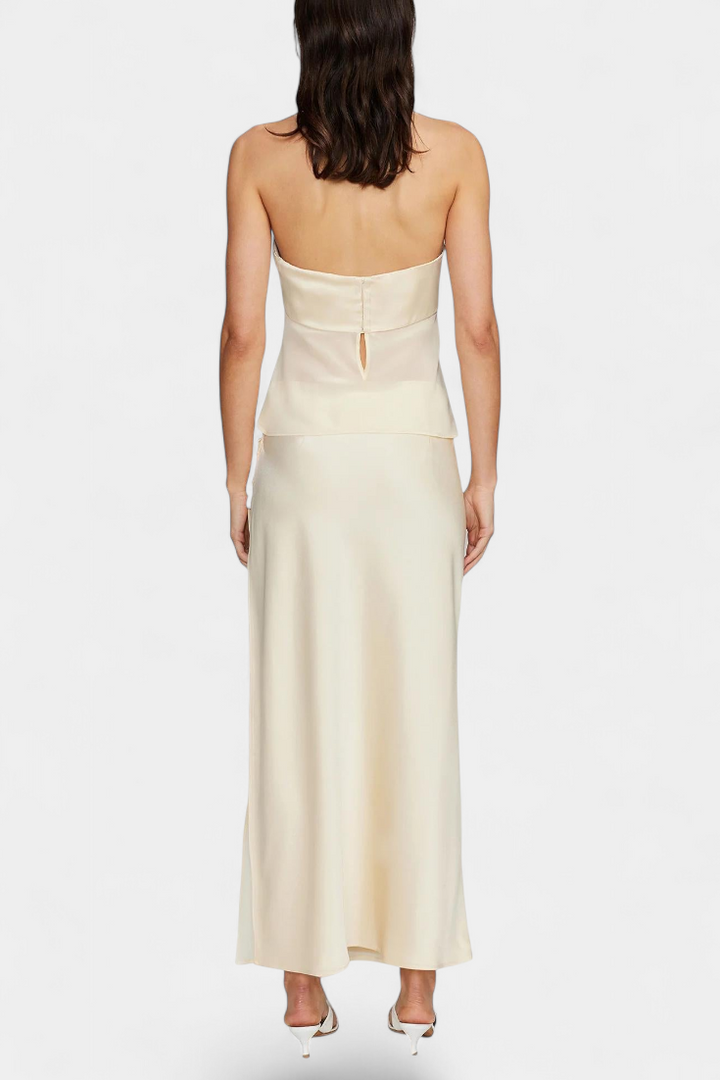 Fjorela Satin Bustier Set with Structured Design and Asymmetrical Midi Skirt