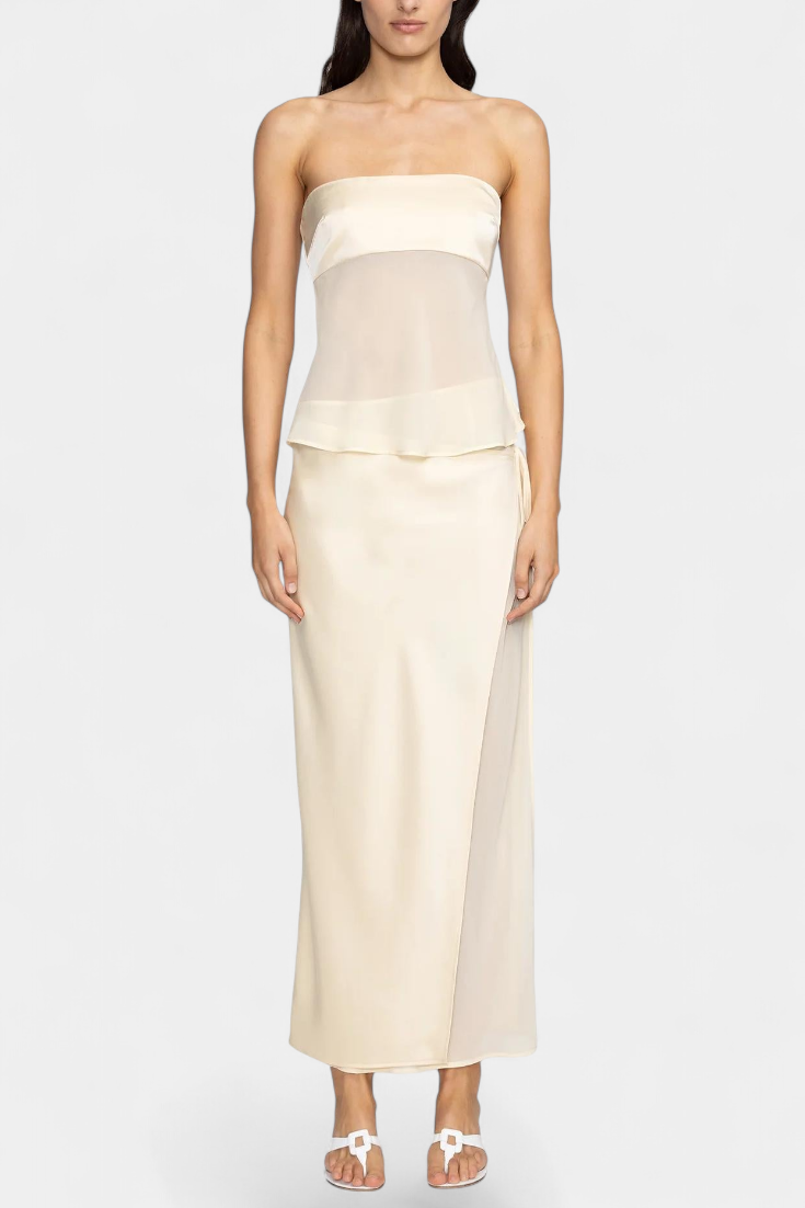 Fjorela Satin Bustier Set with Structured Design and Asymmetrical Midi Skirt