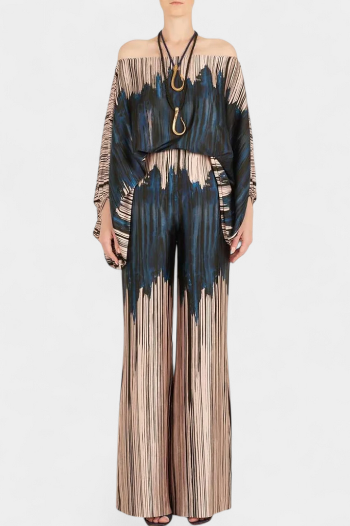 Artistic Print Off-the-Shoulder Top and Wide-Leg Pants Set by Sybella