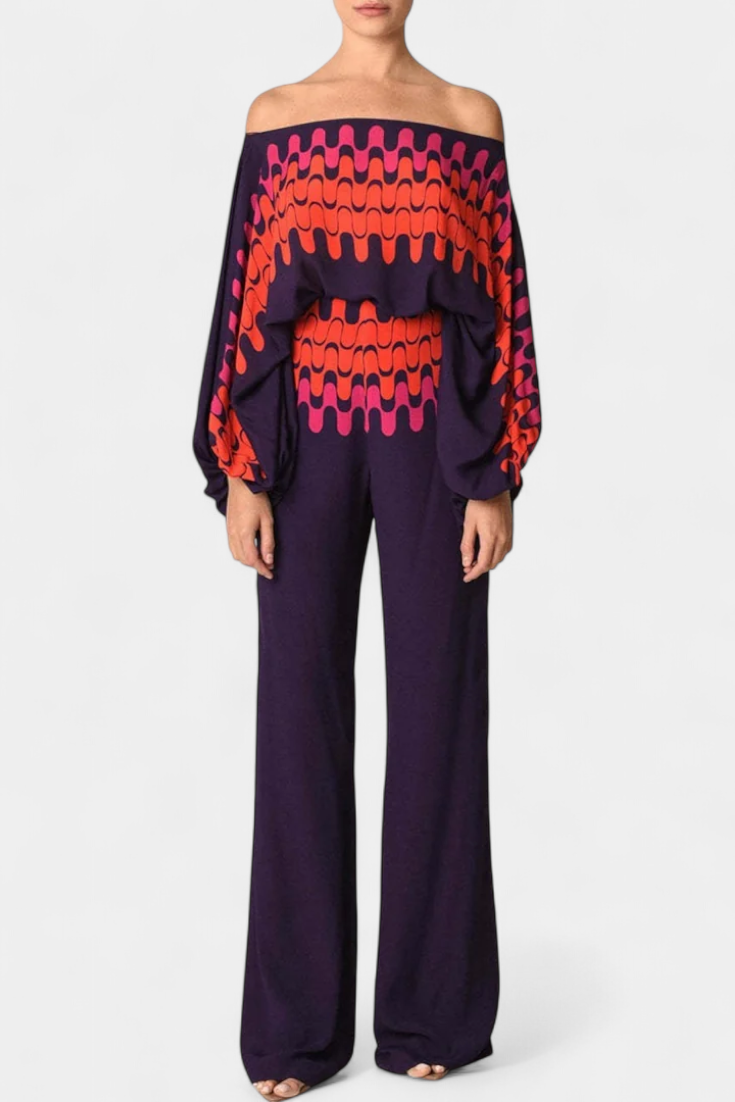 Artistic Print Off-the-Shoulder Top and Wide-Leg Pants Set by Sybella