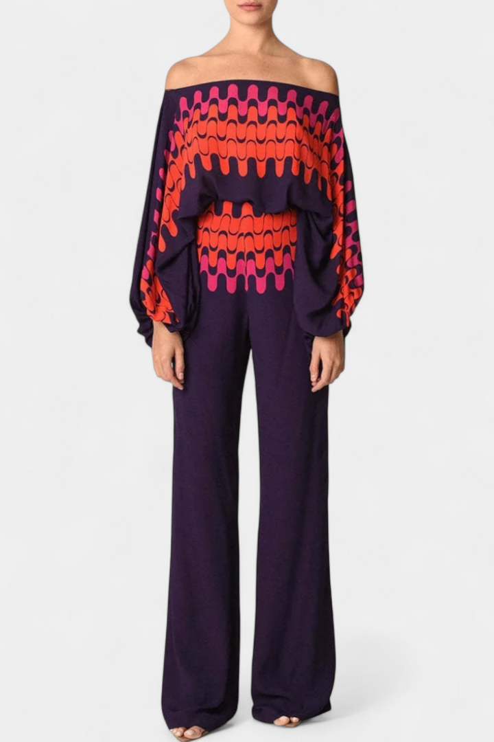 Artistic Print Off-the-Shoulder Top and Wide-Leg Pants Set by Sybella