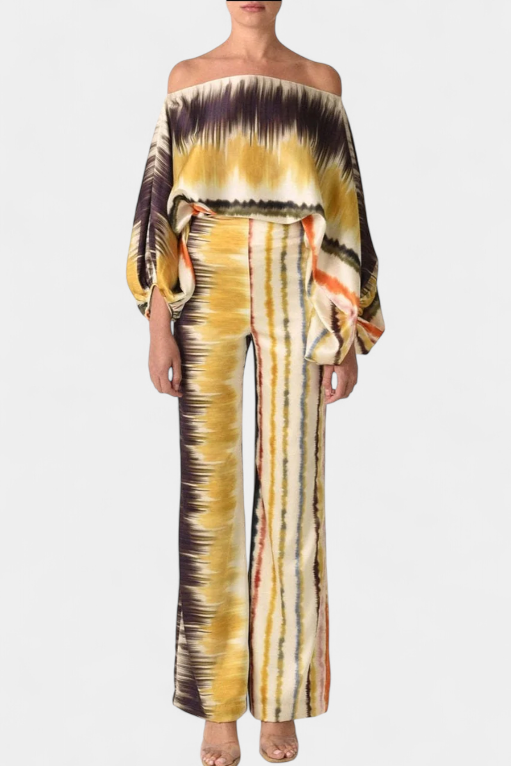 Artistic Print Off-the-Shoulder Top and Wide-Leg Pants Set by Sybella