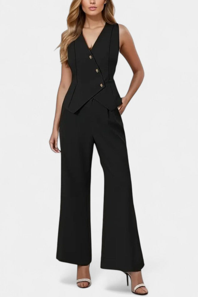 Heskia Asymmetrical Peplum Vest and High-Waisted Pants Set