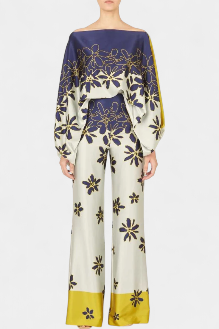 Artistic Print Off-the-Shoulder Top and Wide-Leg Pants Set by Sybella