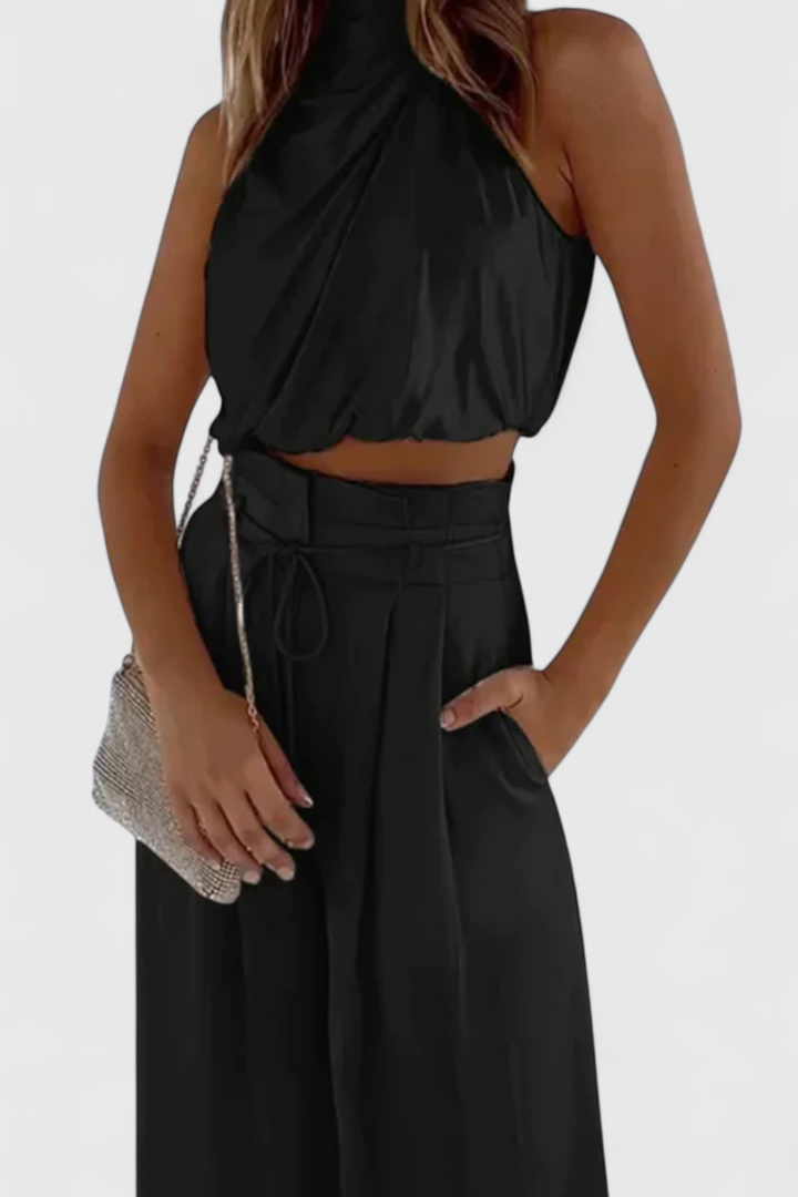 Helira Minimalist Set: Tailored Top with Pleated Palazzo Trousers