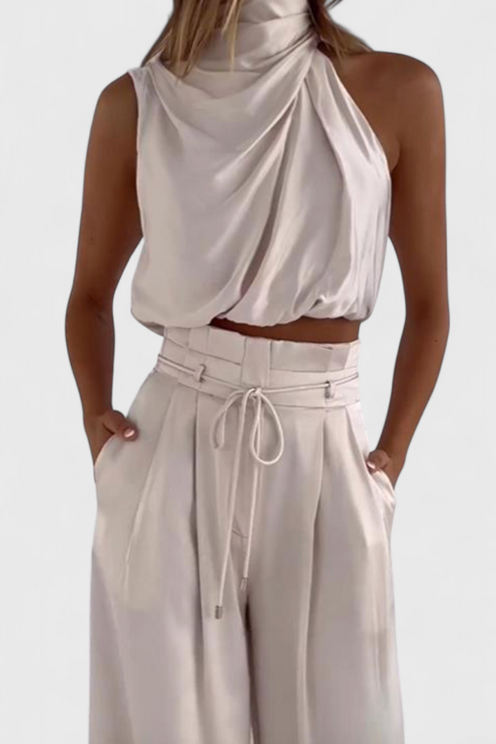 Helira Minimalist Set: Tailored Top with Pleated Palazzo Trousers