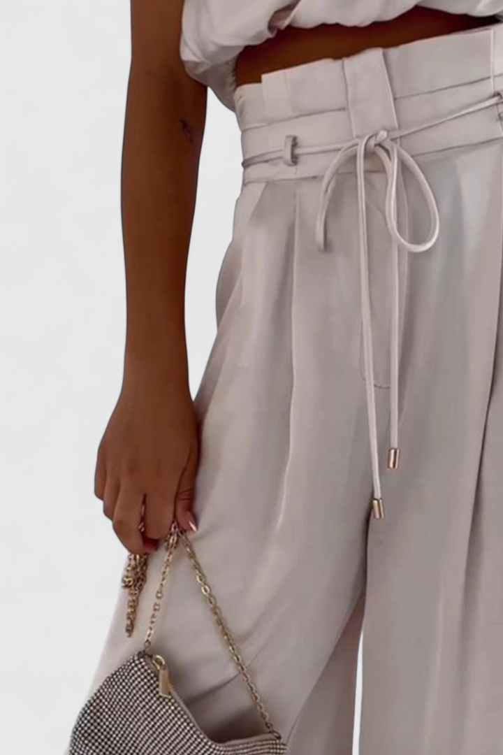 Helira Minimalist Set: Tailored Top with Pleated Palazzo Trousers