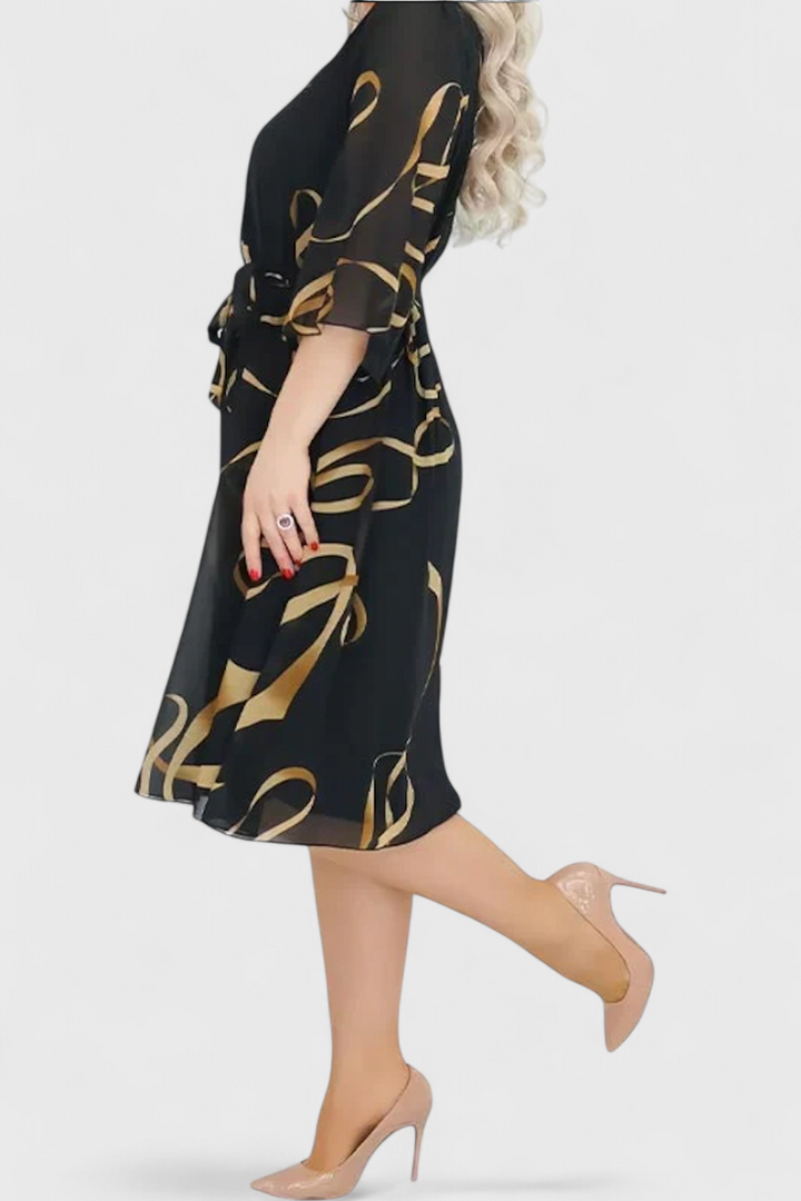 Abstract Print Midi Dress with Adjustable Belt by Ame