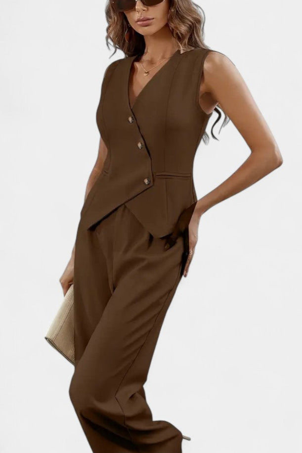 Heskia Asymmetrical Peplum Vest and High-Waisted Pants Set