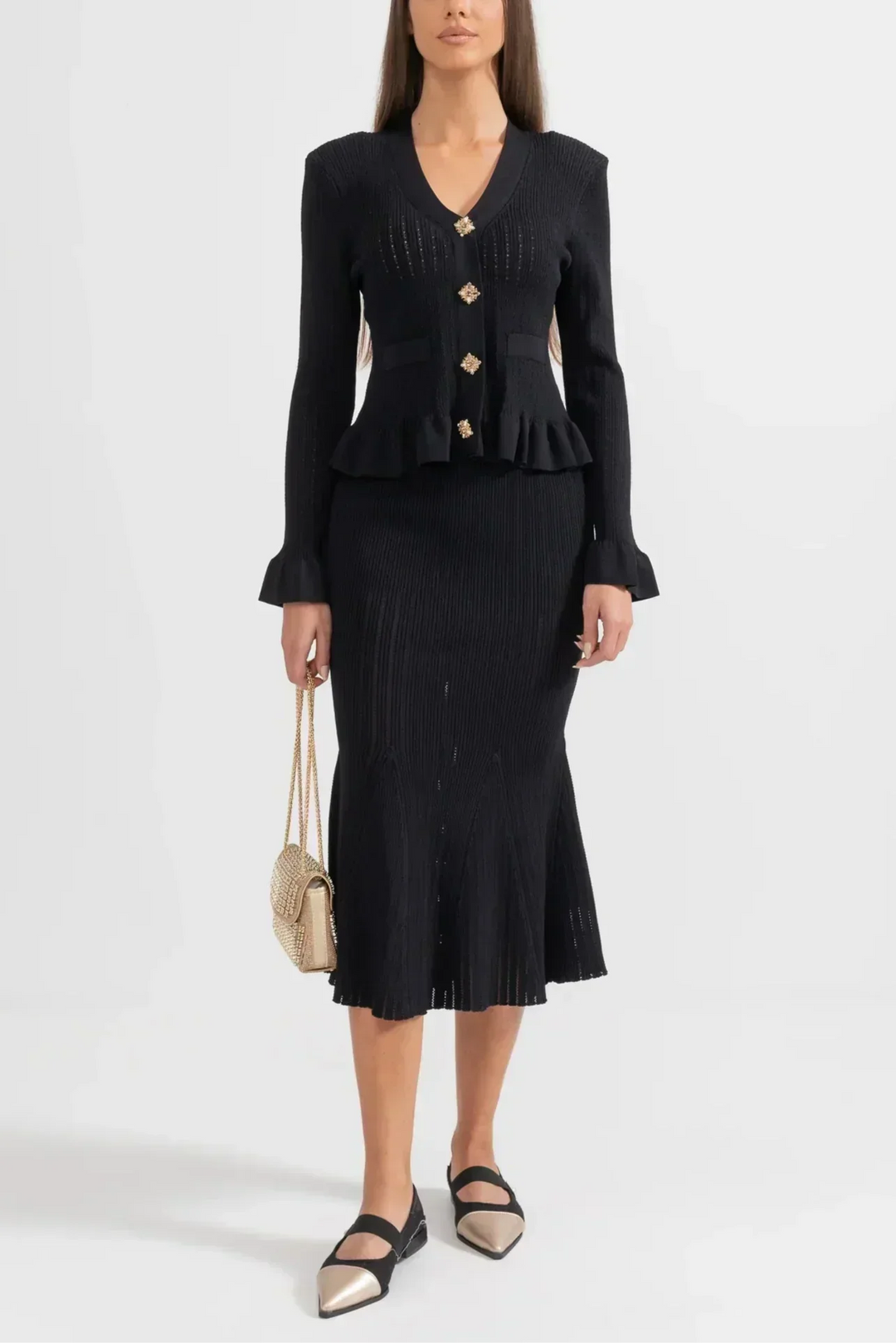 Prudence Knit Ensemble: Ruffled Cardigan and Flared Midi Skirt