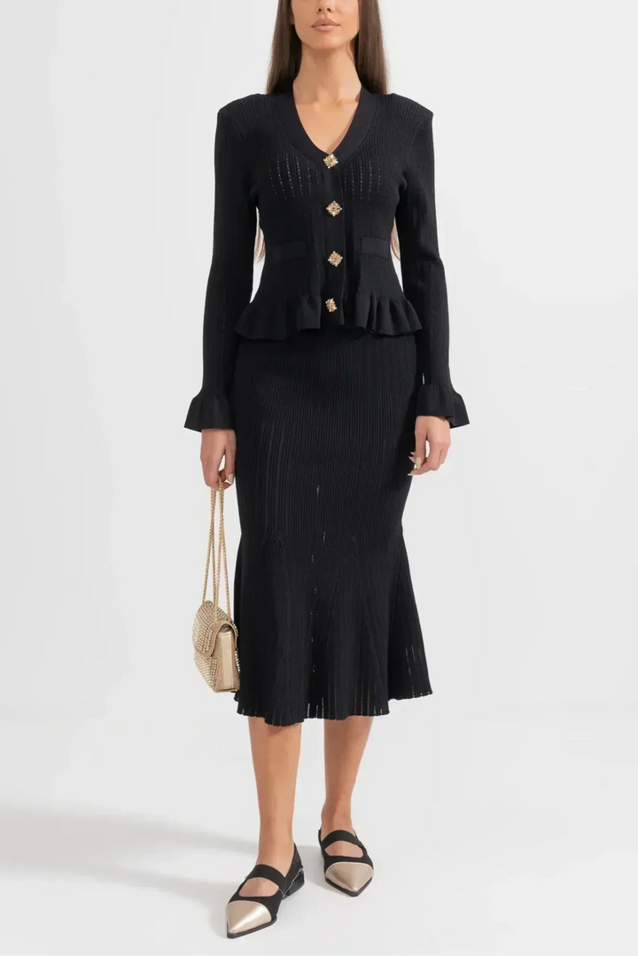 Prudence Knit Ensemble: Ruffled Cardigan and Flared Midi Skirt
