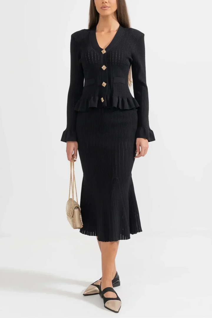 Prudence Knit Ensemble: Ruffled Cardigan and Flared Midi Skirt