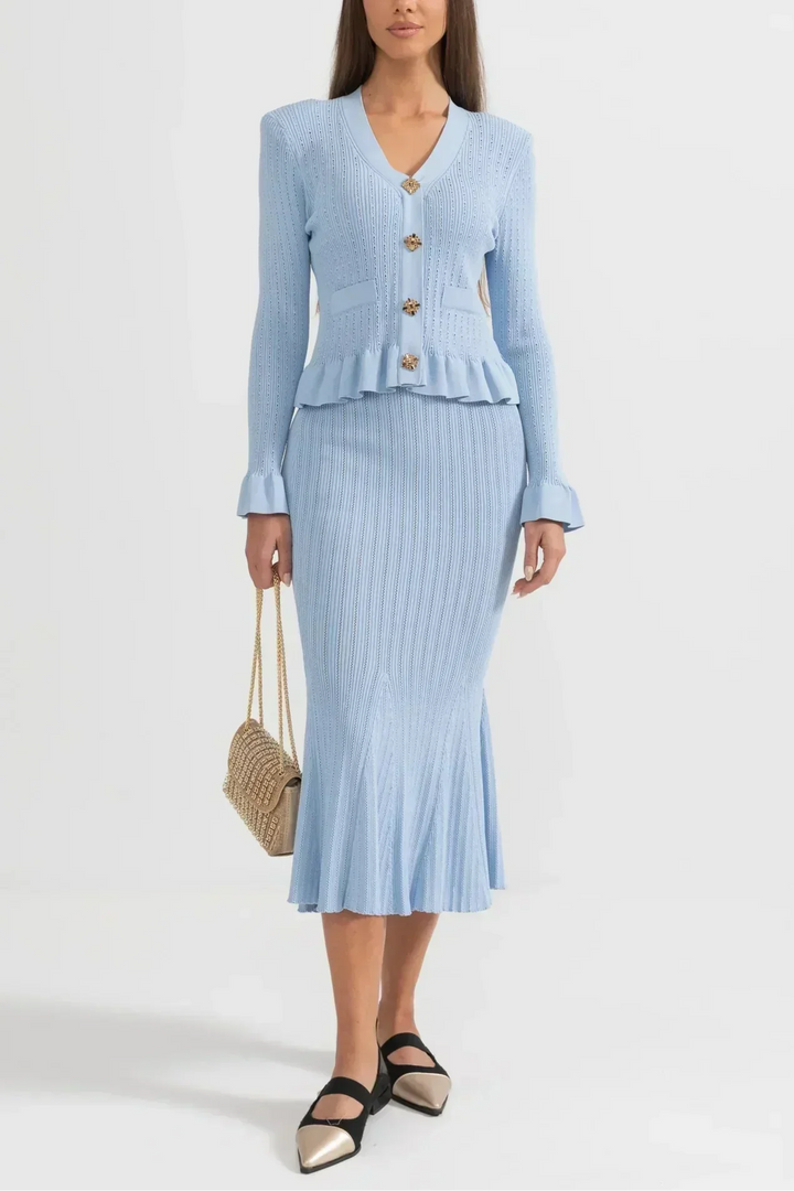 Prudence Knit Ensemble: Ruffled Cardigan and Flared Midi Skirt