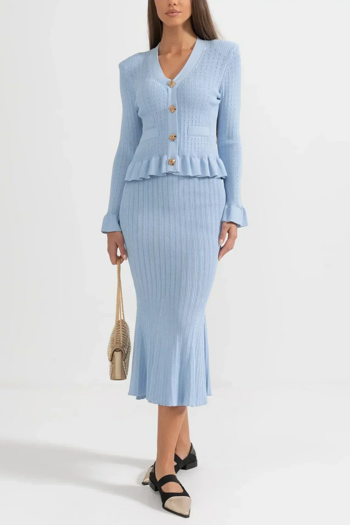 Prudence Knit Ensemble: Ruffled Cardigan and Flared Midi Skirt